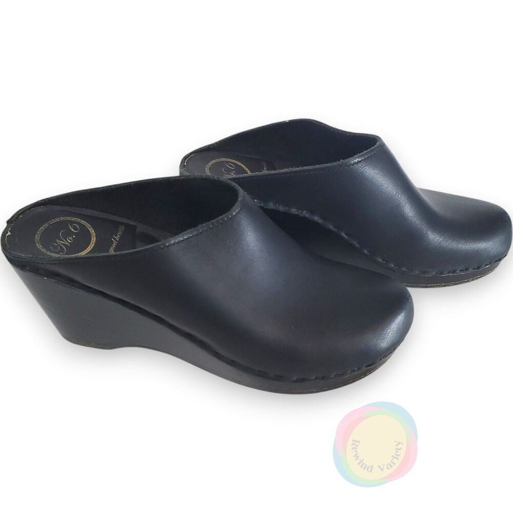 No. 6 New School Black Leather Wedge Clogs 40